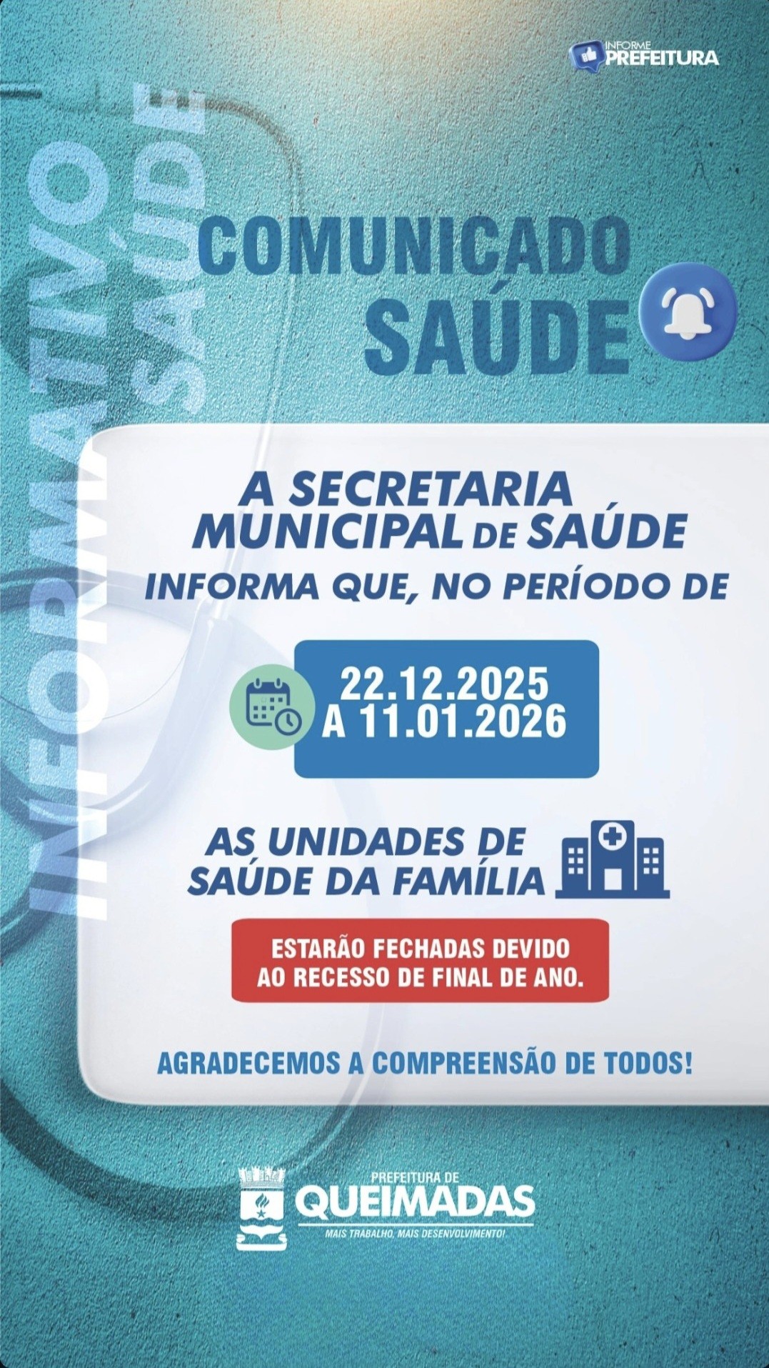 INFORMATIVO – SAÚDE (USF's em recesso até 11/01)