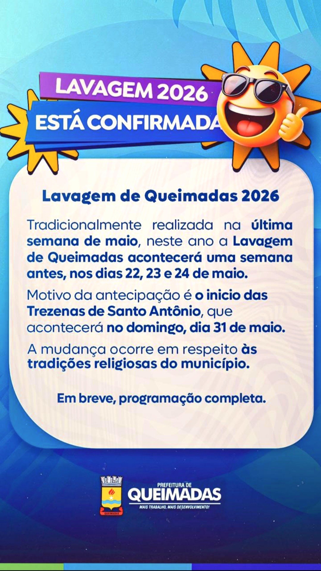 LAVAGEM DE QUEIMADAS 2026: PREFEITURA ANUNCIA ANTECIPAÇÃO DA FESTA - CONFIRA AS NOVAS DATAS