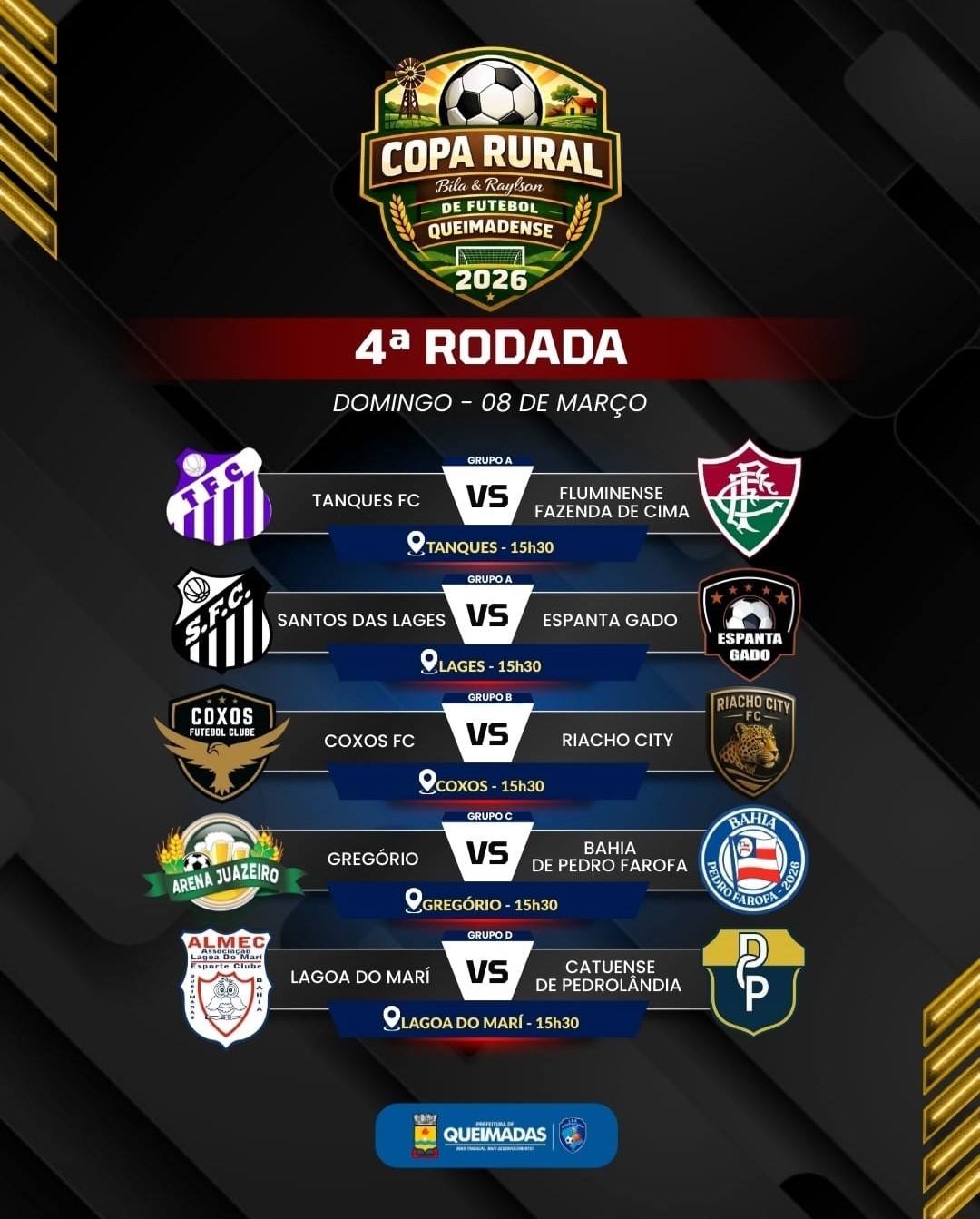 Copa Rural de Futebol Queimadense 2026: 4ª rodada promete fortes emoções - CONFIRA OS JOGOS DESTE DOMINGO (08/03)